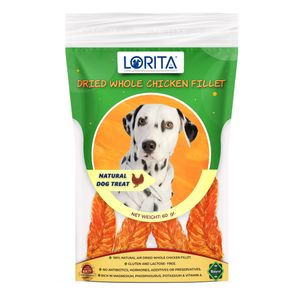 تشویقی سگ لوریتا مدل dried whole chicken fillet وزن 60 گرم