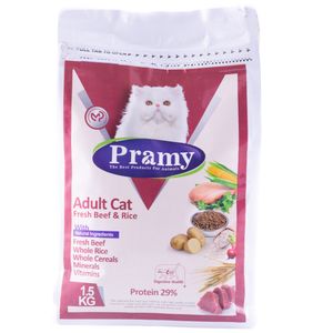 غذای خشک گربه پرامی مدل adult cat meat and rice وزن 1.5 کیلوگرم