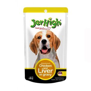 پوچ سگ جرهای مدل chicken and liver وزن 120گرم