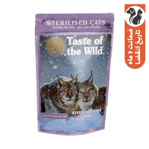 پوچ گربه بالغ تیست آف ویلد مدل sterilised cats pate طعم مرغ و روغن سالمون وزن ۸۵ گرم