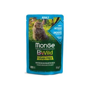 پوچ گربه بالغ مونژ مدل  bwild anchovies with vegetables طعم ماهی کولی و سبزیجات وزن 85 گرم