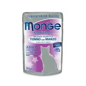 پوچ گربه بالغ مونژه مدل natural adult cat طعم ماهی تن و گوشت گاو وزن 85 گرم