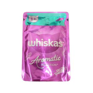 پوچ گربه بالغ ویسکاس مدل aromatic selection seafood delight in gravy با طعم ماهی قزل‌آلا وزن 85 گرم