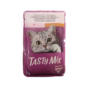 پوچ گربه بالغ ویسکاس مدل catch of the day tasty mix با طعم ماهی سالمون و هویج وزن ۸۵ گرم