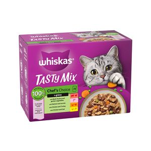 پوچ گربه بالغ ویسکاس مدل tasty mix chefs choice in gravy با طعم میکس وزن 85 گرم بسته 12 عددی