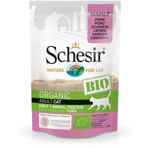 پوچ گربه شسیر مدل pouch bio pork 44300 با طعم فیله گراز وزن 85 گرم