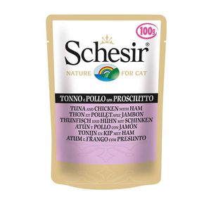 پوچ گربه شسیر مدل pouch tuna & chicken with ham 15778 با طعم ماهی تن با فیله مرغ و ژامبون وزن 100 گرم
