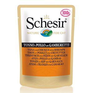 پوچ گربه شسیر مدل pouch tuna & chicken with shrimps 15785 با طعم ماهی تن با فیله مرغ با شاه میگو وزن 100 گرم