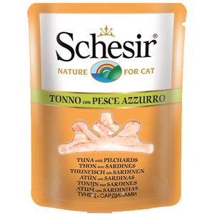 پوچ گربه شسیر مدل pouch tuna with sardines 15886 با طعم ماهی تن و ماهی ساردین وزن 70 گرم