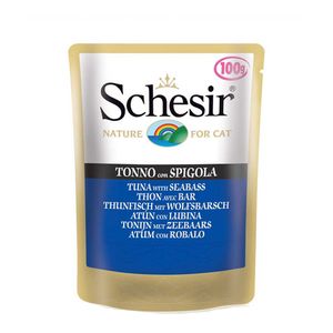 پوچ گربه شسیر مدل pouch tuna with seabass 51085 با طعم ماهی تن و ماهی بس وزن 100 گرم