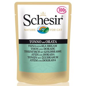 پوچ گربه شسیر مدل pouch tuna with seabream 15815 با طعم ماهی تن و ماهی اقیانوس وزن 100 گرم