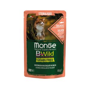 پوچ گربه عقیم بالغ مونژه مدل bwild sterilised salmon with shrimps طعم ماهی سالمون و میگو وزن 85 گرم