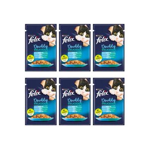 پوچ گربه فلیکس مدل doubly delicious با طعم ماهی سالمون و ساردین بسته 6 عددی