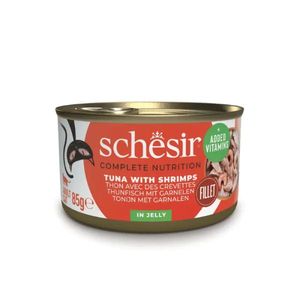 کنسرو شسیر گربه بالغ مدل ژله ای کنسرو tuna & shrimps وزن 85 گرم