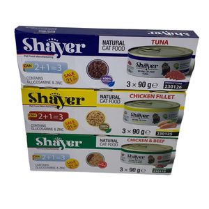 کنسرو غذای گربه بالغ شایر کد s12 طعم مرغ ماهی و گوشت وزن 810 گرم بسته 9 عددی