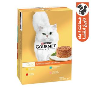 کنسرو غذای گربه بالغ گورمت مدل gold savoury cake pack با طعم مرغ ماهی گوشت گاو بسته 12 عددی