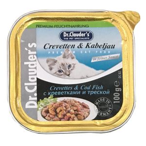 کنسرو غذای گربه دکتر کلادرز مدل crevettes & cod fish وزن 100 گرم