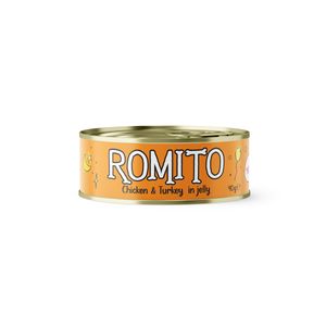 کنسرو غذای گربه رومیتو مدل مرغ ریش و بوقلمون در ژله وزن 90 گرم