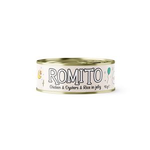 کنسرو غذای گربه رومیتو مدل مرغ ریش و صدف و برنج در ژله وزن 90 گرم