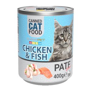 کنسرو غذای گربه شهرپت مدل chicken and fish وزن 400 گرم