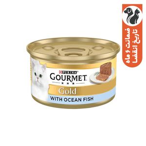 کنسرو غذای گربه گورمت مدل gold pate بافت پته با طعم ماهی اقیانوس وزن 85 گرم