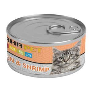 کنسرو نچرال گربه شهرپت مدل chicken and shrimp وزن 120 گرم
