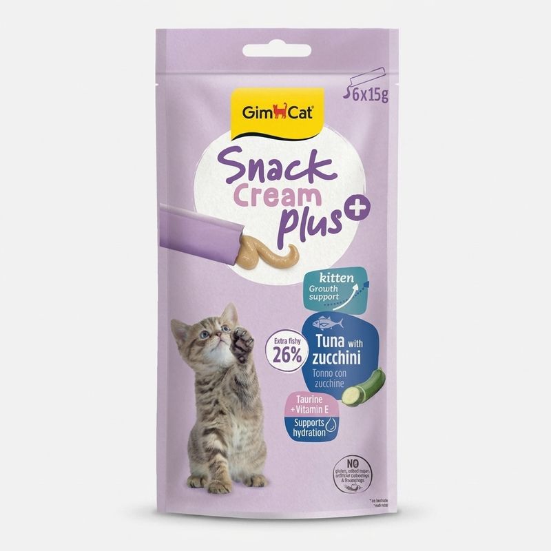 بستنی بچه گربه جیم کت مدل snack cream kitten plus طعم ماهی تن و کدو وزن 90 گرم