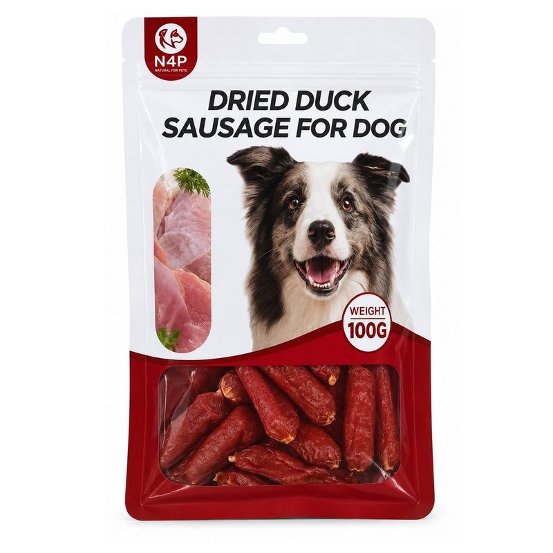 تشویقی سگ ان فور پی مدل سوسیس اردک (خشک‌شده) duck sussage طعم اردک وزن 100 گرم