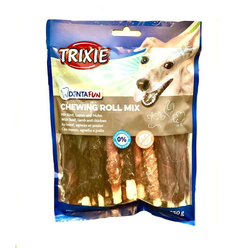 تشویقی سگ تریکسی مدل chewing roll mix با طعم گوشت گاو گوسفند و مرغ وزن 250 گرم