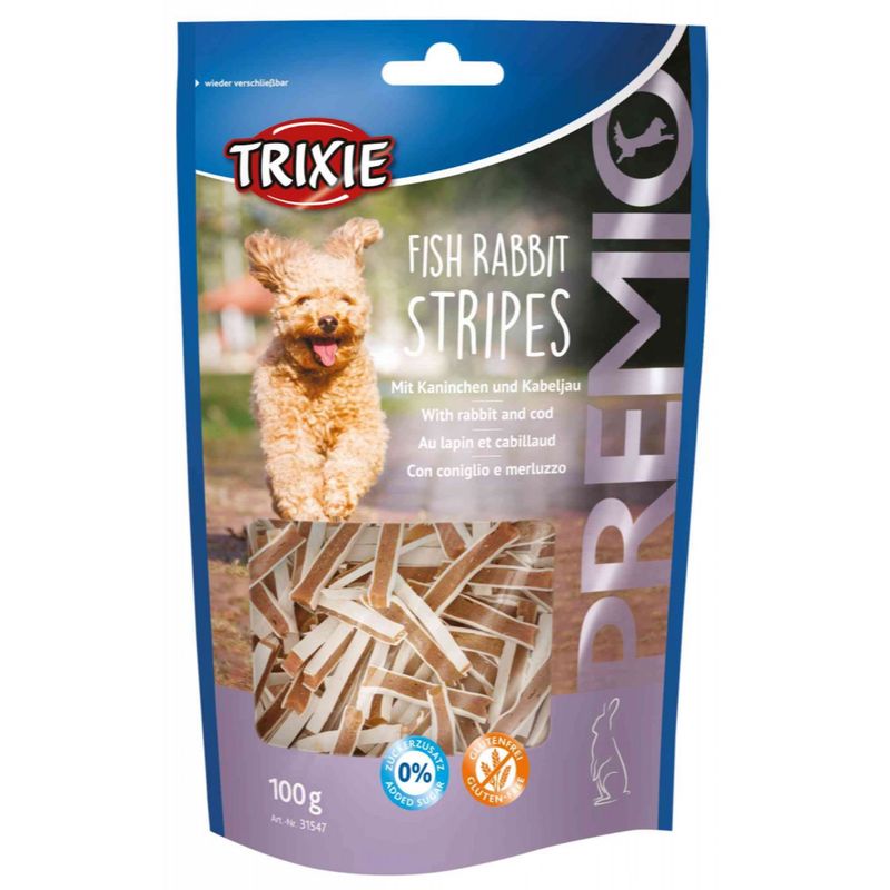 تشویقی سگ تریکسی مدل fish rabbit strips با طعم گوشت خرگوش وزن 100 گرم