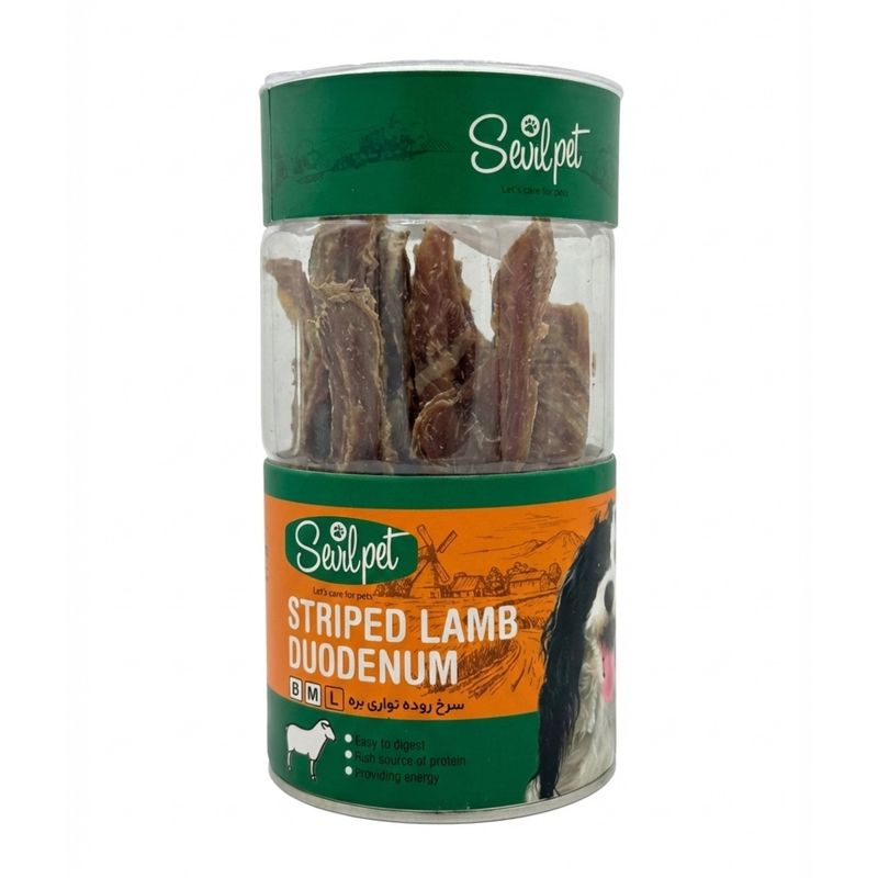 تشویقی سگ مدل سرخ روده نواری بره striped lamb duodenum بدون طعم وزن 80 گرم