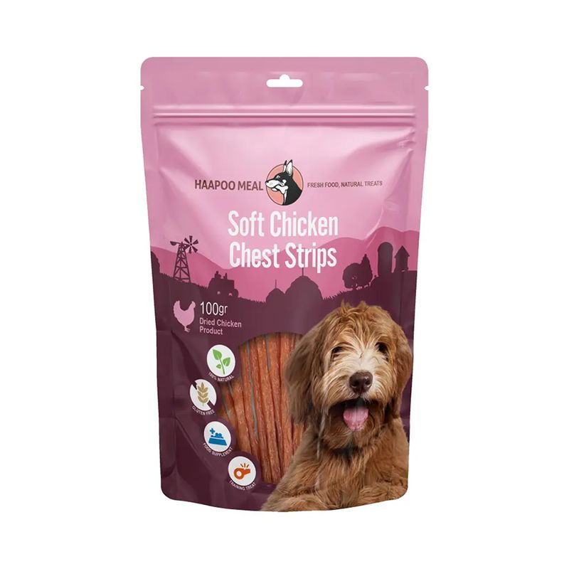 تشویقی سگ هاپومیل مدل استریپ نرم سینه مرغ کد soft chicken chest strips وزن 100 گرم