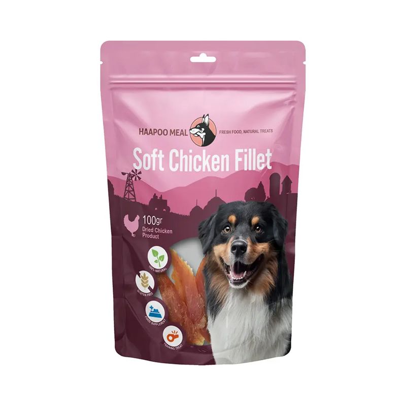 تشویقی سگ هاپومیل مدل فیله نرم مرغ کد soft chicken fillets وزن 100 گرم