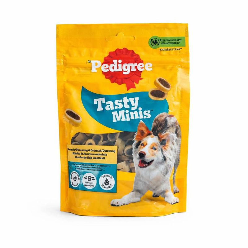 تشویقی سگ پدیگری مدل tasty minis cheesy bites طعم گوشت گاو وزن 140 گرم