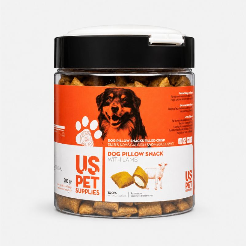 تشویقی سگ یو اس پت مدل dog pillow snack با طعم اردک بلدرچین و شترمرغ وزن 200 گرم