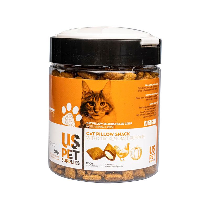تشویقی مغزدار گربه یو اس پت مدل cat pillow snack با طعم مرغ مالت و کدو تنبل وزن 200 گرم