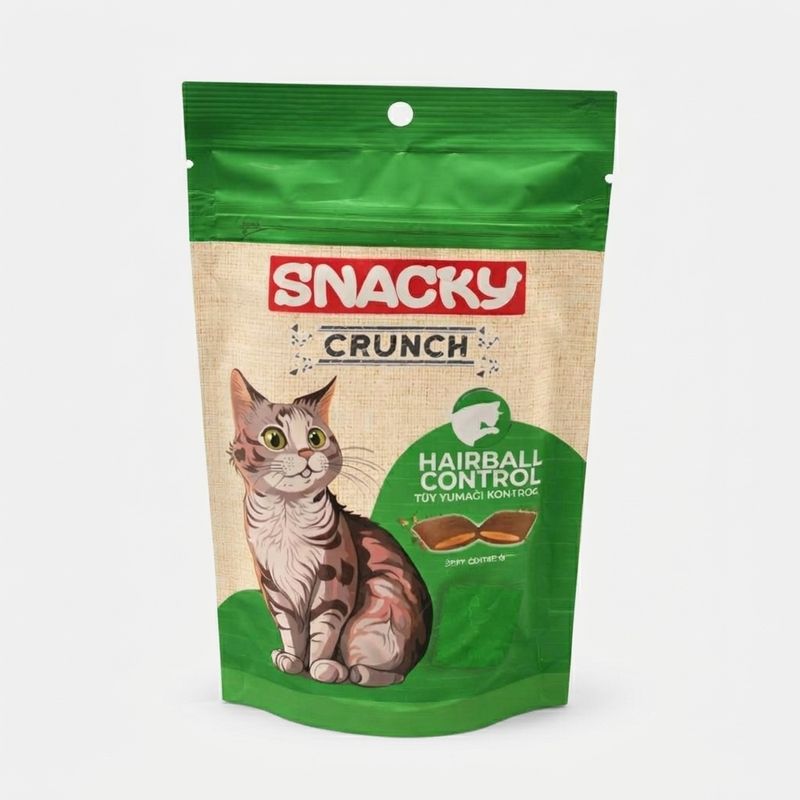 تشویقی گربه اسنکی مدل hairball control crunch طعم مرغ وزن 60 گرم