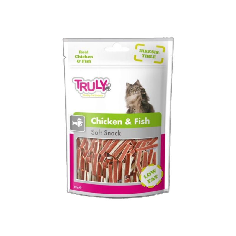 تشویقی گربه ترولی مدل chicken & fish وزن 50 گرم