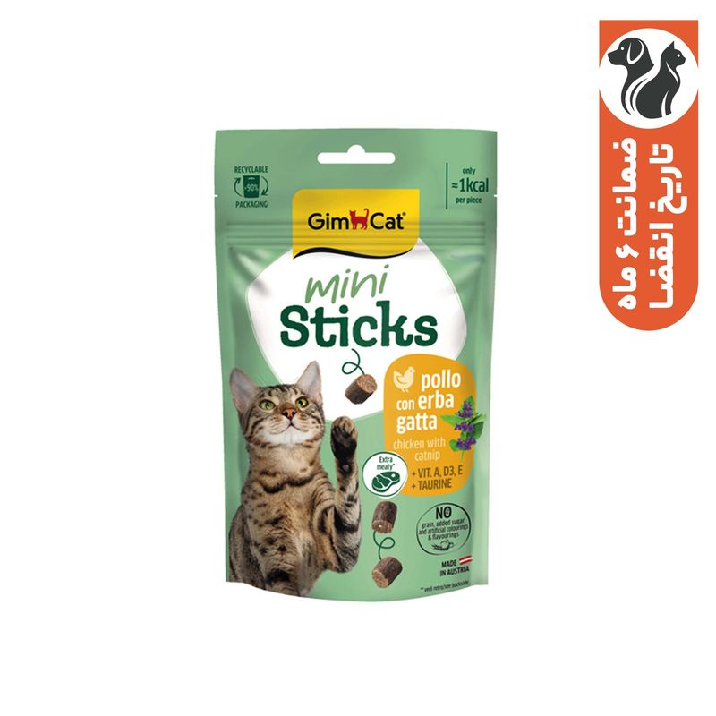 تشویقی گربه جیم کت مدل mini sticks طعم مرغ و کت‌نیپ وزن 50 گرم