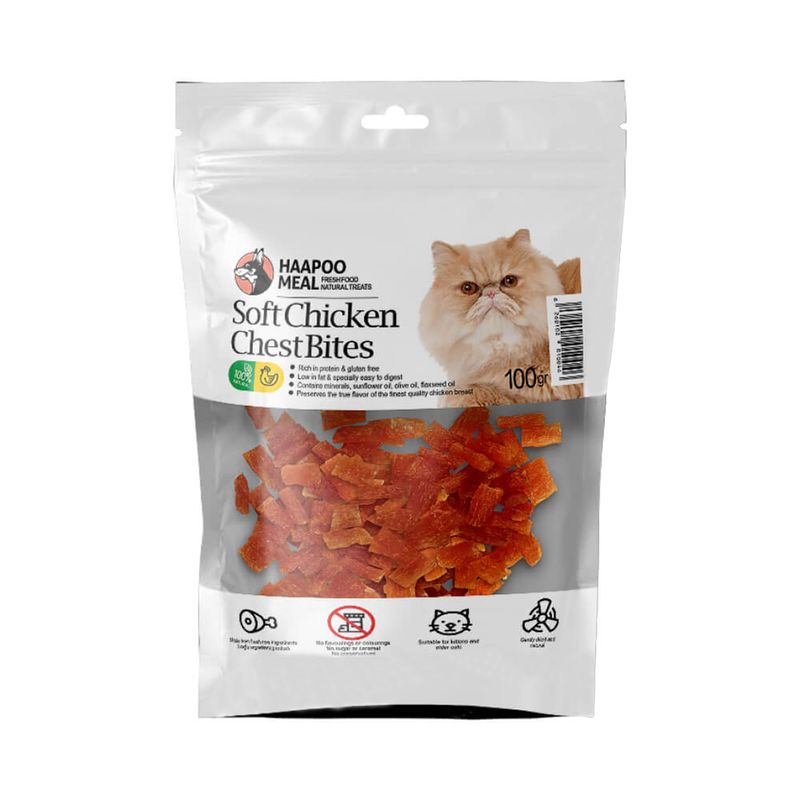 تشویقی گربه هاپومیل مدل نخودی نرم سینه مرغ soft chicken chest bites وزن 100 گرم