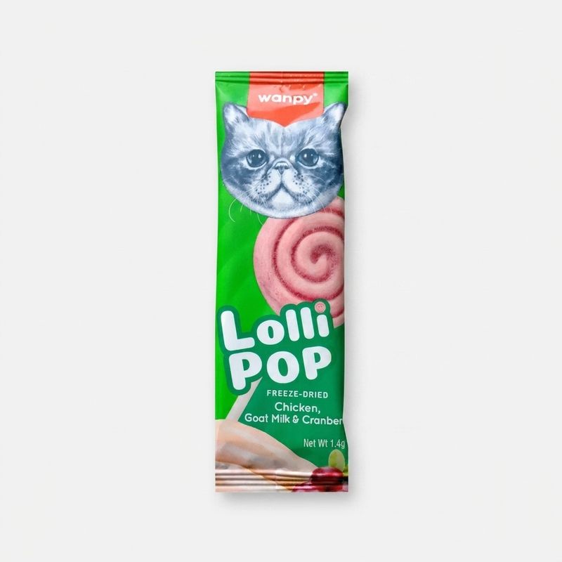 تشویقی گربه ونپی مدل freeze dried lollipop طعم مرغ شیر بز و کرن‌بری وزن 14 گرم