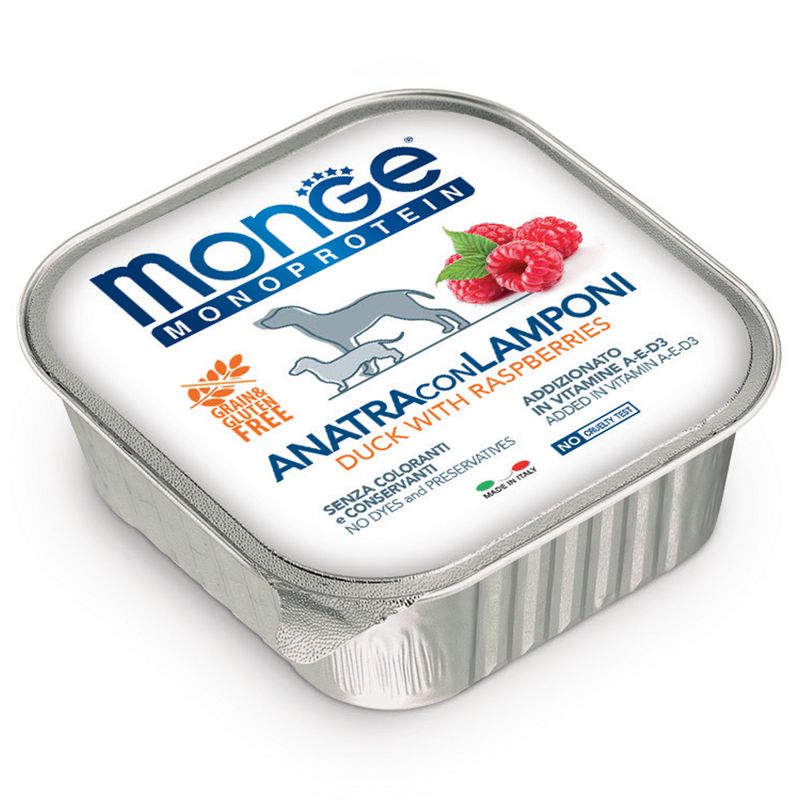 خوراک سگ مونگه مدل duck with raspberry 14342 با طعم اردک و رَزبری وزن 150 گرم