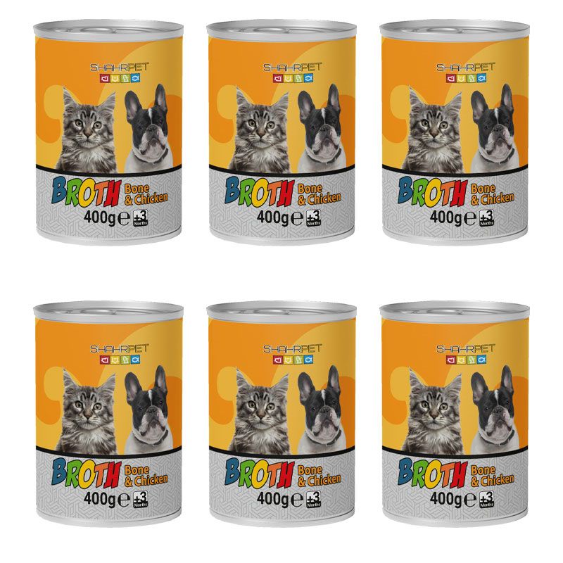 عصاره سگ و گربه شهرپت مدل bone and chicken broth وزن 400 گرم بسته 6 عددی