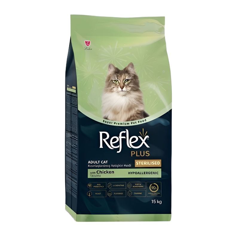 غذا خشک گربه بالغ رفلکس مدل reflex plus sterilized chicken طعم مرغ وزن 15000 گرم