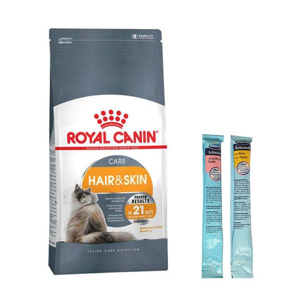 غذا خشک گربه رویال کنین مدل hair & skin وزن 4 کیلوگرم به همراه بستنی گربه