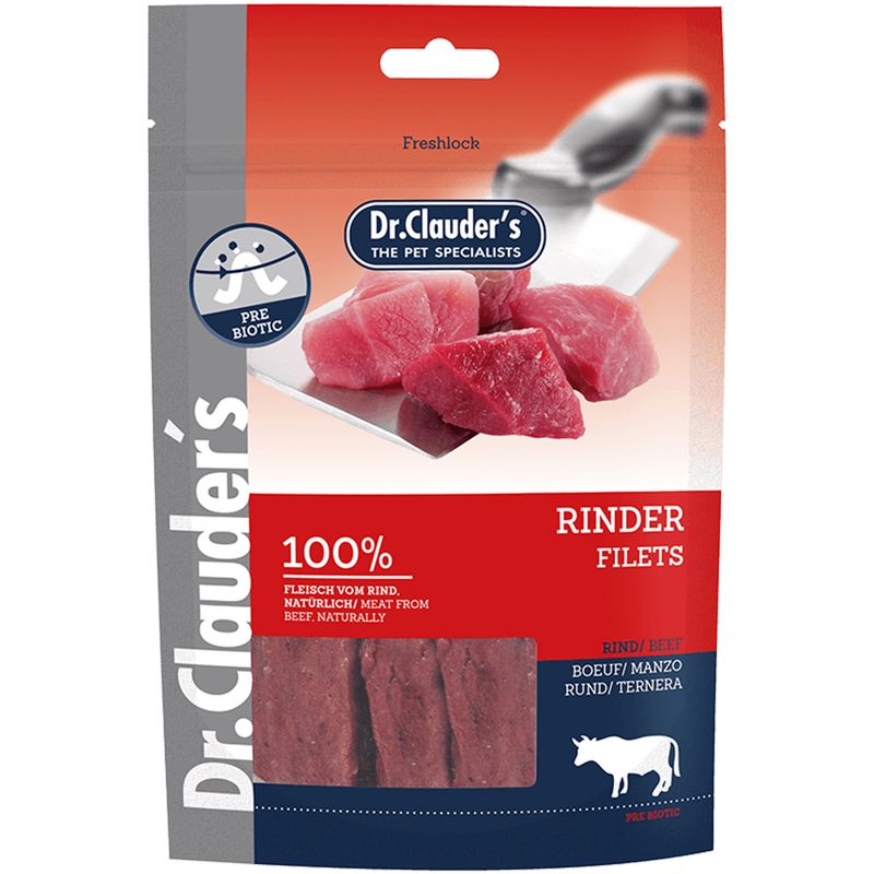 غذای تشویقی سگ دکتر کلادرز حاوی فیله گاور مدل rimder filets وزن 80 گرمی