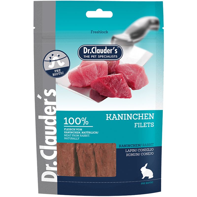 غذای تشویقی سگ دکتر کلادرز حاوی فیله گوشت خالص خرگوش مدل kaninchen filets وزن 80 گرمی