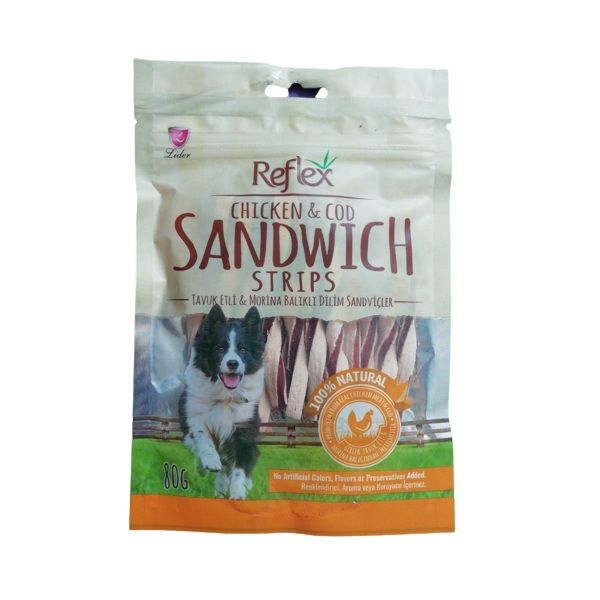 غذای تشویقی سگ رفلکس مدل  chicken and cod sandwich strips وزن 80 گرم