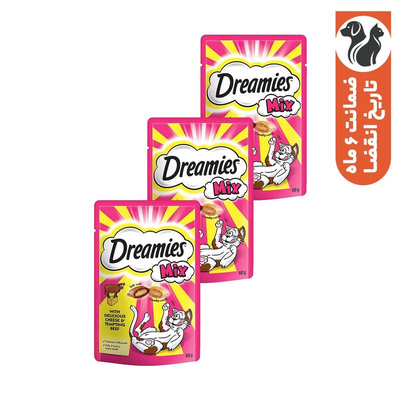 غذای تشویقی گربه دریمز مدل dreamies snack with beef and chese وزن 60 گرم بسته 3 عددی
