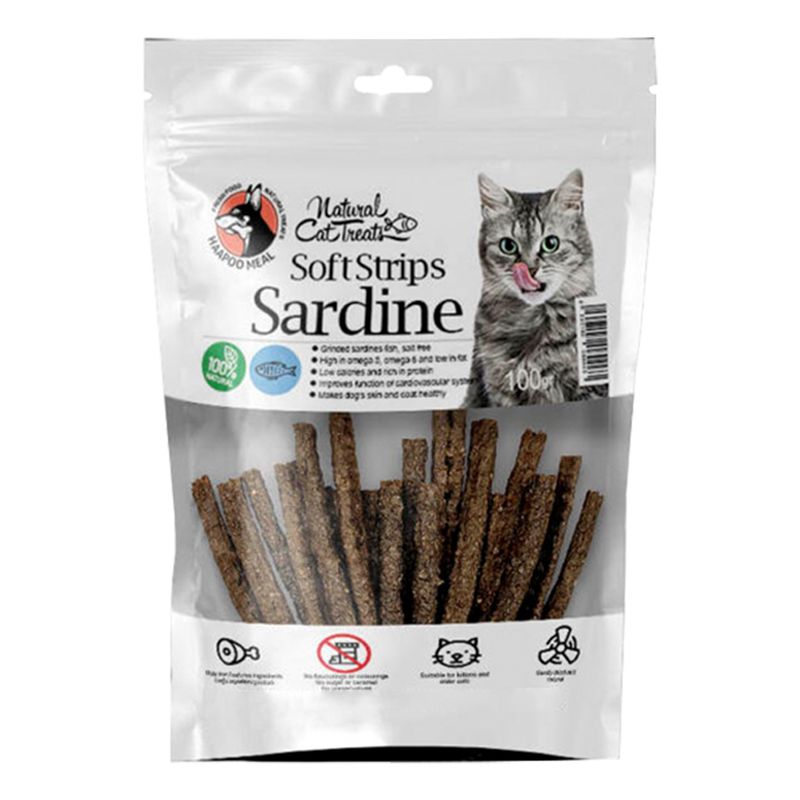غذای تشویقی گربه هاپومیل مدل sardine soft strips وزن ۱۰۰ گرم